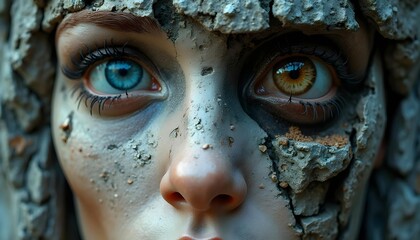A surreal portrait of a human face, composed of architectural elements and natural textures, made of stone, wood, and leaves. Two big eyes of different colors, one blue and one brown.