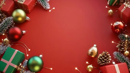Christmas atmosphere background image, red background, red decorative balls, pine branches, green decorative balls, gold decorative balls