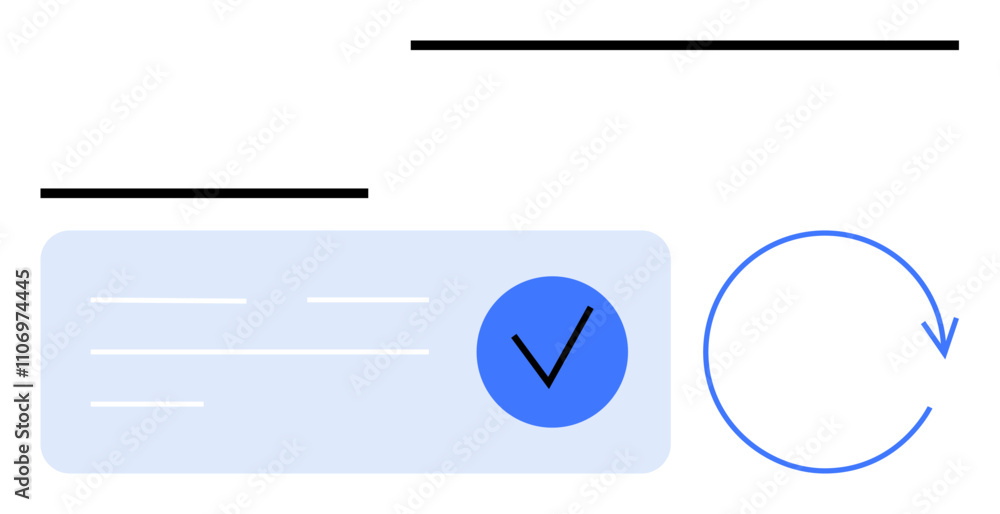 Poster blue checkmark inside circular icon with horizontal lines and rotating arrow. ideal for task complet