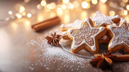 A cozy holiday table with gingerbread star-shaped tree cookies, lightly sprinkled with powdered sugar, warm lighting, and cinnamon sticks in the background