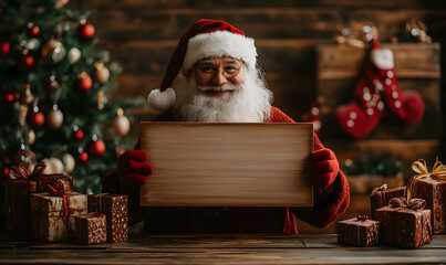 Image of Santa Claus holding a blank wooden sign surrounded by Christmas gifts. The atmosphere is full of joy during the Christmas season.