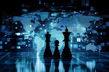Chess pieces with a digital world map background, symbolizing global strategy, decision-making, artificial intelligence, technology-driven planning, and business leadership concepts.


