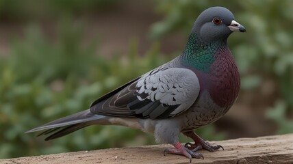 A rock pigeon perched on a wooden surface.