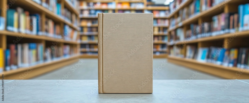 Poster A blank book on a table in a library filled with colorful books.