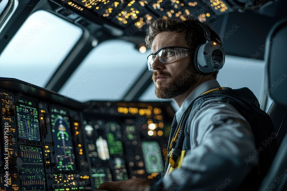 Poster aircraft technician mechanical engineering concept. pilot in cockpit operating aircraft with advance