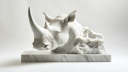 A marble sculpture of a rhinoceros head, showcasing intricate details and artistry.