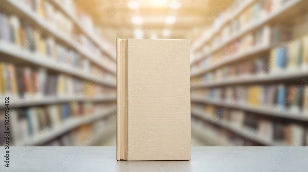 Poster A blank book on a table in a library with blurred shelves behind.