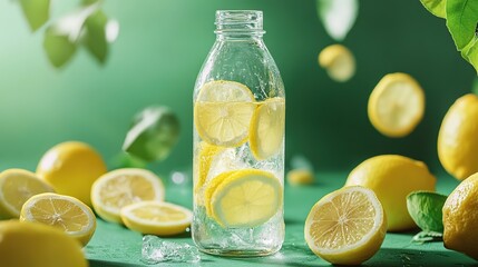 Lemon detox water in a glass bottle with fresh lemon slices. Healthy drink concept for diet