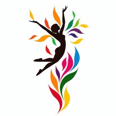 Fototapeta premium Graceful silhouette of a dancer surrounded by colorful vibrant leaves representing joy, freedom, and movement in artistic expression and creativity