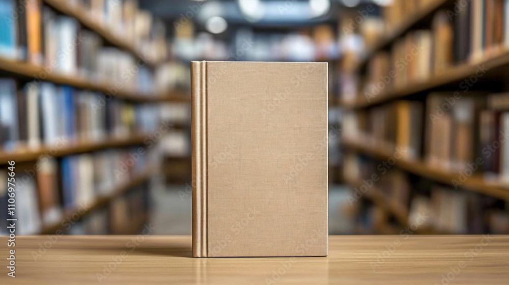 Poster A blank book on a table in a library setting.
