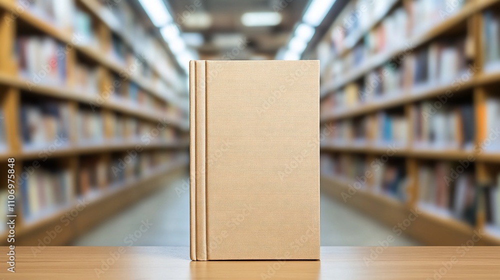 Poster A blank book on a table in a library, symbolizing knowledge and learning.
