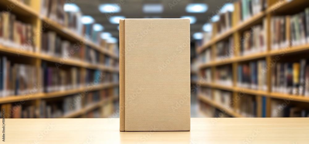 Aufkleber A blank book on a table in a library, symbolizing knowledge and learning.