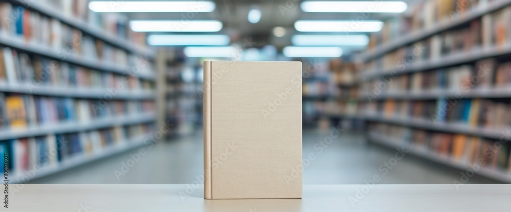 Poster A blank book on a table with a library background.