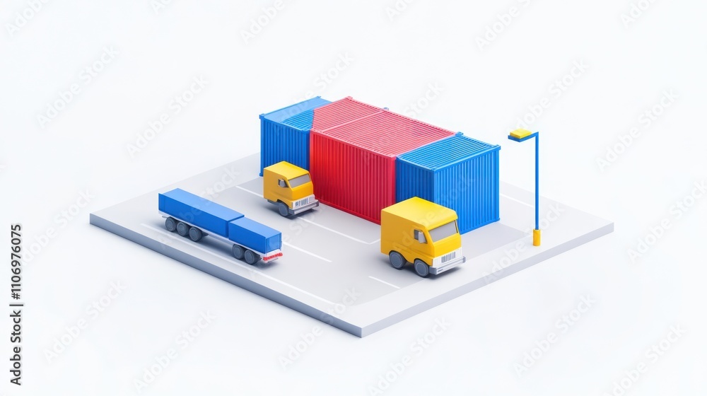 Poster a stylized depiction of a transport hub with trucks and shipping containers.