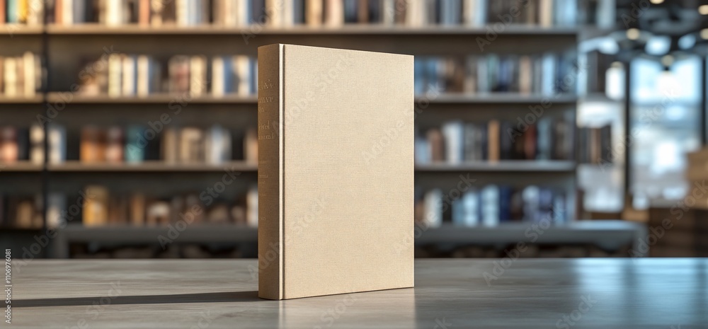 Poster A blank book on a table with a library backdrop.