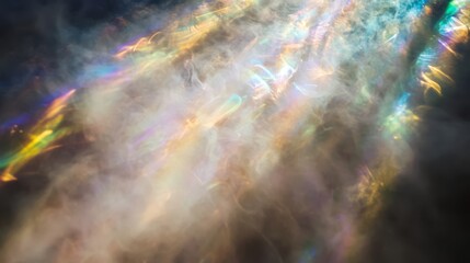 Abstract iridescent light rays through smoke.