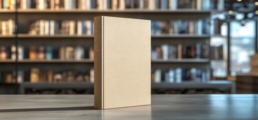 A blank book on a table with a library backdrop.