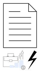 Business report document with suitcase, rising graph, growth chart, currency coin, and lightning bolt. Ideal for business analytics, financial success, investment strategies, corporate growth