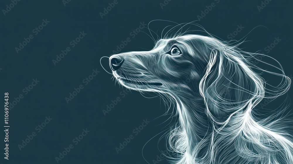 Poster a stylized illustration of a dog's profile with flowing lines and a dark background.