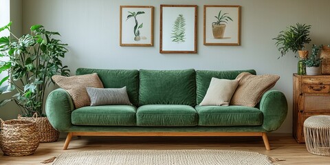 Green Velvet Sofa with Wooden Legs in a Living Room with Plants and Artwork