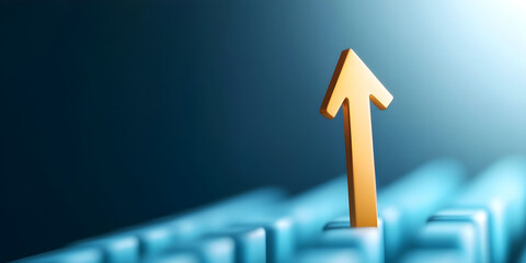 bright golden arrow ascending on blue background symbolizes growth and success. This 3D illustration conveys sense of optimism and progress