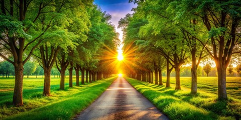 Obraz premium Inspiring Journey to Success: A Pathway with Lush Green Trees and a Bright Horizon Symbolizing Growth and Achievement in Business and Personal Goals