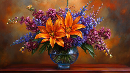 orange lilies and purple flowers: a vibrant still life oil painting