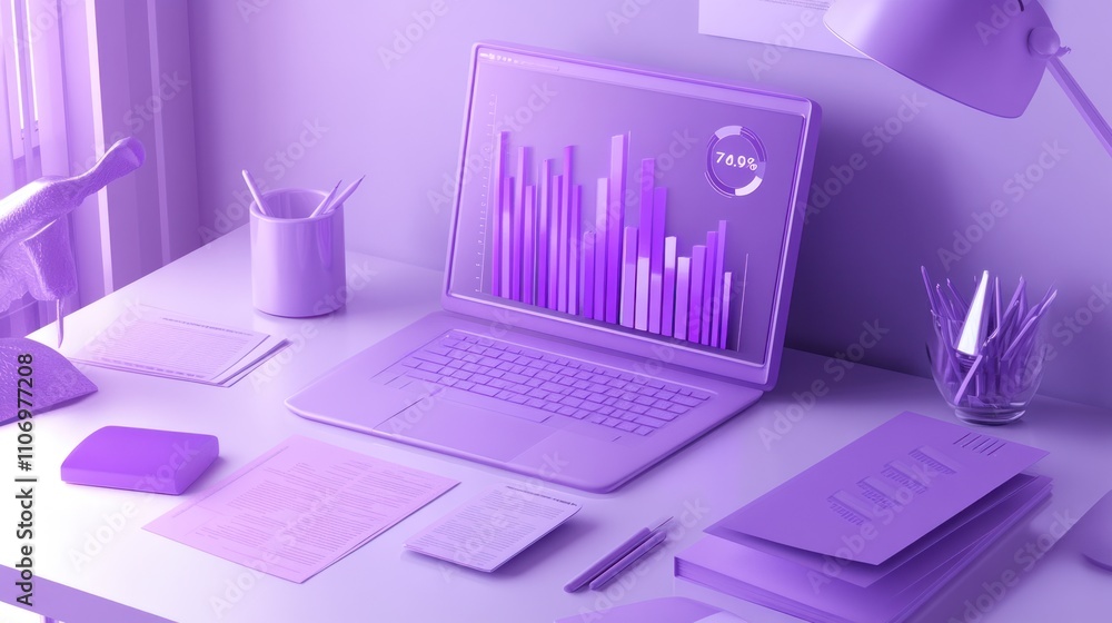 Poster a purple-themed workspace featuring a laptop with data visualizations and stationery.