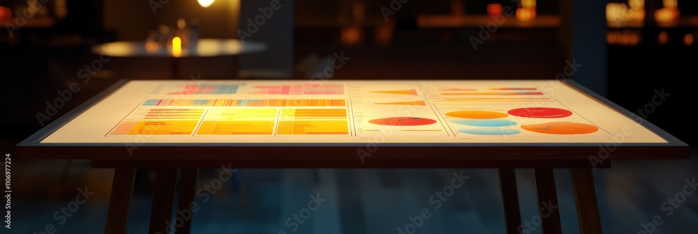 Poster A brightly lit table displaying colorful charts and graphs for analysis or presentation.