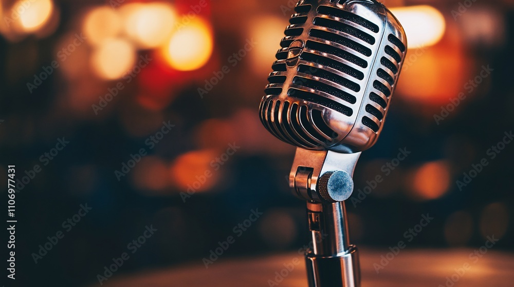Poster a close-up of a vintage microphone on a table in a lively setting.