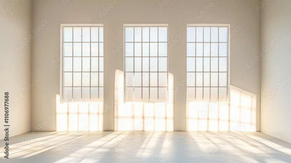 Poster bright, minimalistic interior with three large windows casting shadows on the floor.