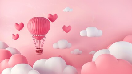 Obraz premium Pink Hot Air Balloon and Hearts in a Dreamy Sky