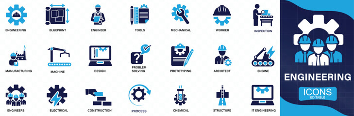 Engineering icon set. blueprint, engineer, tools, construction, mechanical, industrial, worker, You can easily change the color.