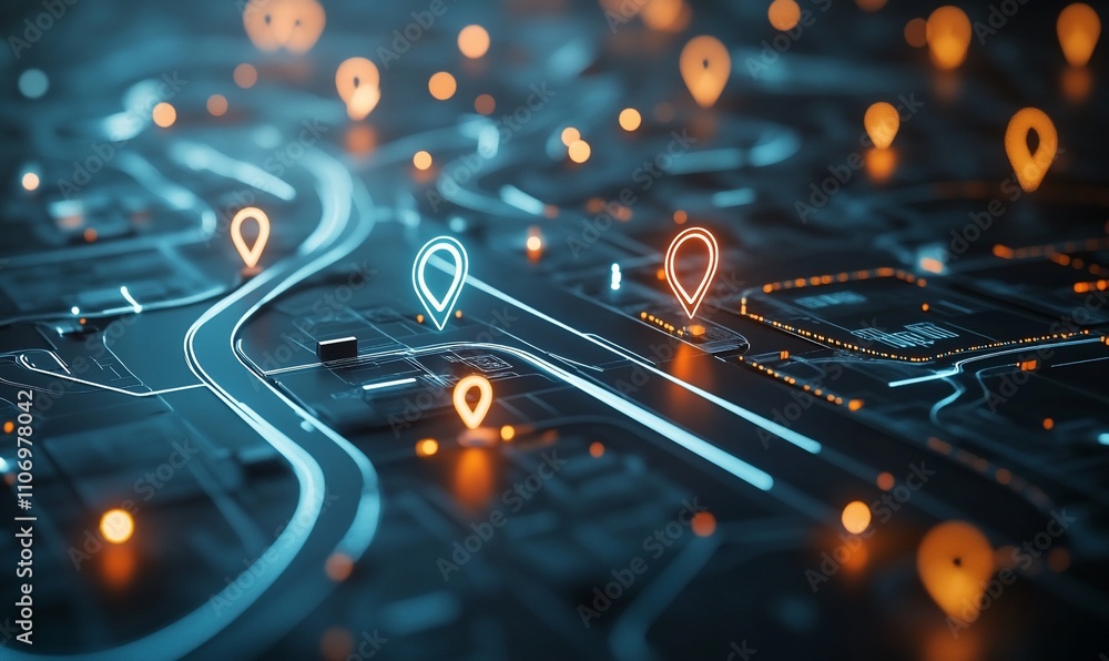 Poster A digital map with glowing location markers and pathways.