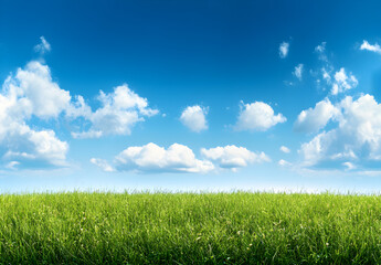 Obraz premium Beautiful green grass meadow landscape with a blue sky and white clouds.