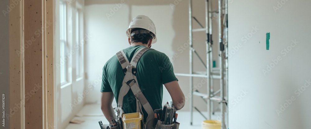 Aufkleber a construction worker in a helmet and tool belt in a work environment.