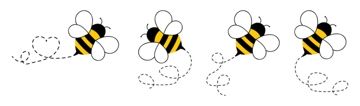 Bee flying icon set. Bee flying on a dotted path isolated on the white background. Bee flying in different style vector illustration. 