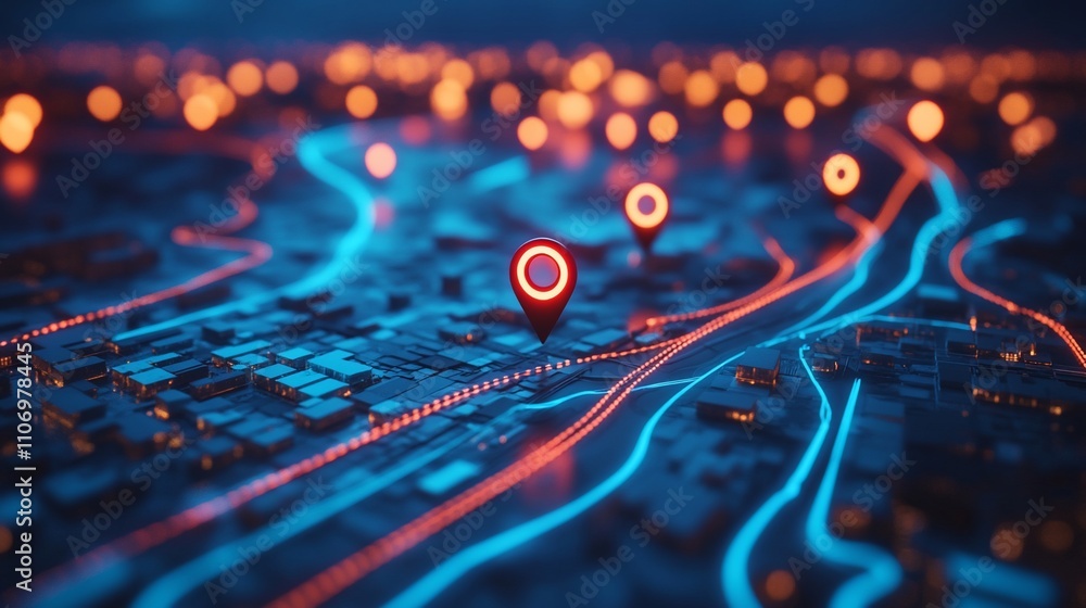 Poster a digital map with glowing markers and light trails.