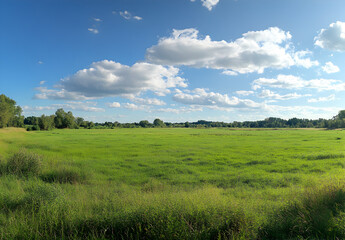 Beautiful green grass meadow landscape with a blue sky and white clouds.