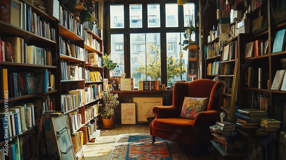 Aufkleber cozy reading nook in a library with bookshelves and an inviting armchair.