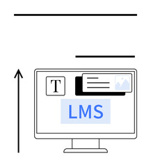 Computer screen with LMS interface arrows suggesting growth. Ideal for e-learning, technology, education, innovation, efficiency, progress, and management. Line metaphor