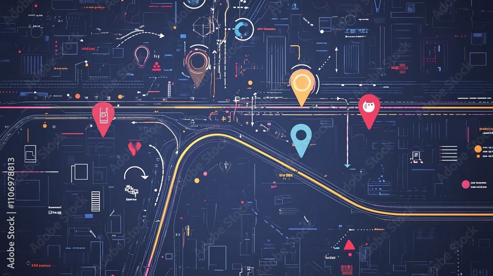 Poster A digital map with location markers and pathways illustrating navigation.