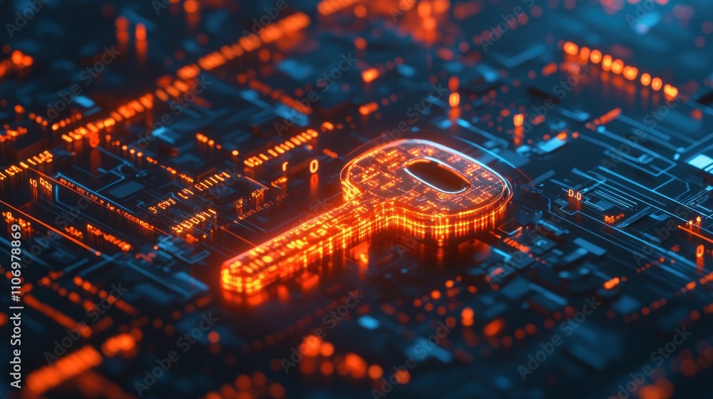 Aufkleber a glowing key symbolizing digital security on a circuit board background.