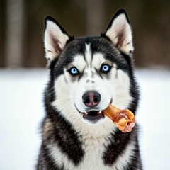 Obraz premium Hungry husky eating a bone