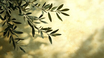 Obraz premium Olive Branch Casts Shadows on Textured Wall