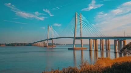 Obraz premium A Cable-Stayed Bridge Over a Body of Water at Sunset