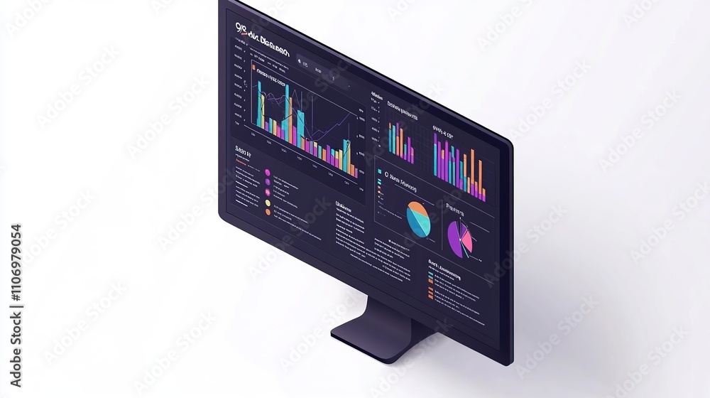 Poster isometric computer screen displaying of a business analytics isolated on white background