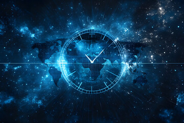 Futuristic digital clock overlaying a glowing world map in a cosmic galaxy background, symbolizing time, technology, and global connectivity