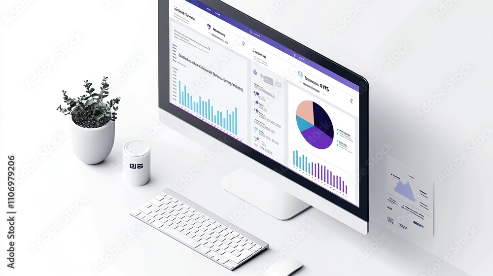Poster isometric computer screen displaying of a business analytics isolated on white background