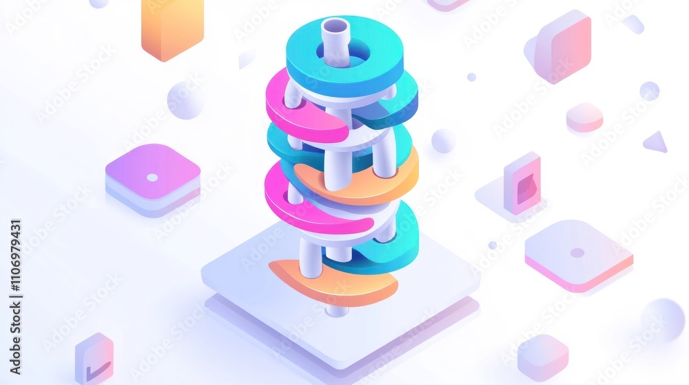 Aufkleber a colorful, abstract tower made of geometric shapes and patterns.